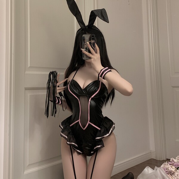 Glowing Cloud Sexy Bunny Girl Bodysuit - Seductive Vinyl Uniform Set for Lingerie & Sleepwear - Set 1001 [bodysuit + 2 bracelets + headband] + ribbon powder