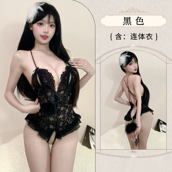 Sensual Lace Open-Crotch Bodysuit - Pure & Tempting Sheer Sleepwear Set for Women - black