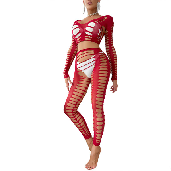 Woman wearing red european-style lace cut-out lingerie set with sheer fishnet pantyhose, featuring bold design and seductive ...