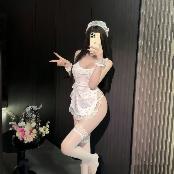 Sexy Lace Backless Maid Costume for Women – Seductive Sheer Apron Sleep Dress with Bare-Back & Cheeky Cutout - Grape-patterned maid outfit + matching stockings