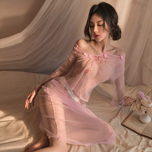 Vintage Chinese-Inspired Lace See-Through Cheongsam Lingerie Set - Seductive Modern Hanfu Costume for Women - Pink [Cheongsam + T-shirt]