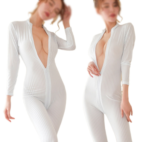 Lingerie Bodysuit with Dual Zippers - High-Elastic Open-Crotch Club Outfit, Sensual Shapewear Queen Costume Set - White