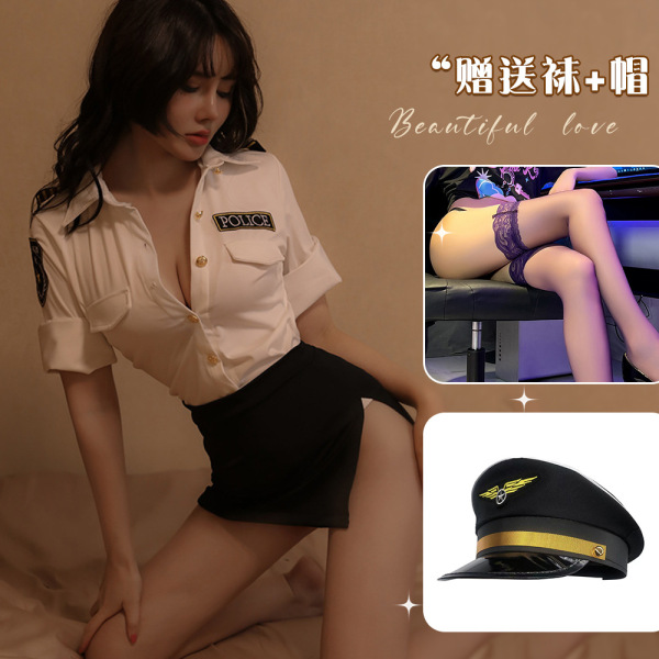 Qiaozhiqing Sexy Air Hostess Costume Set - Modest Yet Alluring Role Play Uniform for Women - White + black hat + black stockings