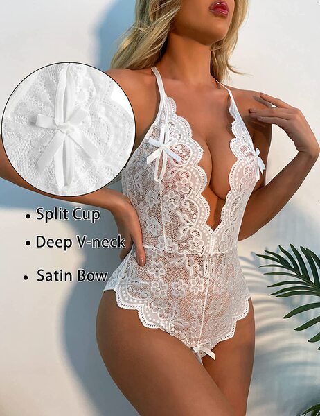 European and American style sexy lingerie, no need to take it off, provocative crotchless design, plus size see-through  - White