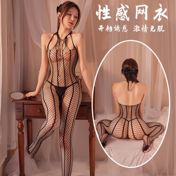 Woman modeling black mesh bodystocking with open crotch, front and back views.