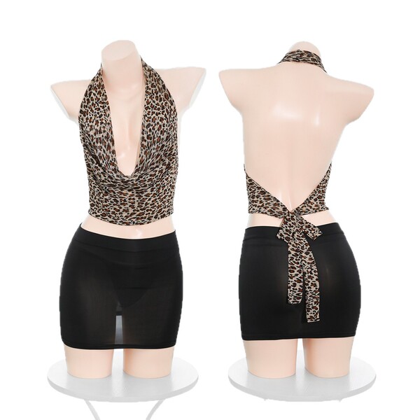 Leopard print bodysuit with deep v-neck and back tie, paired with black shorts. flame desire secretarial set for a bold look.