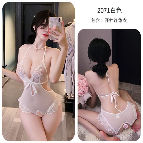 Long Night Lingerie Set – Pure & Sensual Lace Mesh Sleepwear, Hot Temptation Uniform Outfit - White