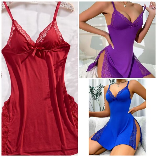 Butterfly Knot Split Slit Cami Sleep Dress – Sexy Lingerie-Inspired Pure & Tempting Nightwear for Women - Red + Purple + Blue
