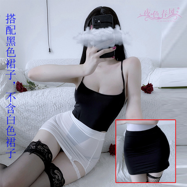 New Sexy Lingerie Set - Office Secretary Costume Bodysuit with Removable Crotch, Seductive Cross-Border Style - 1305 Black jumpsuit + black skirt