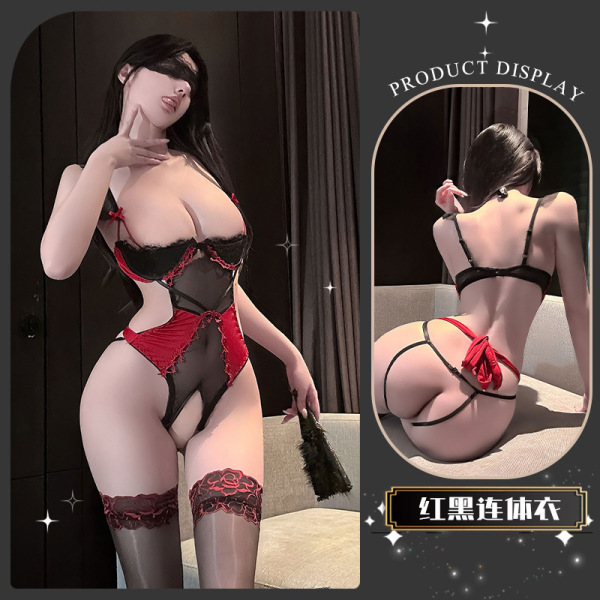 Pure & Playful Lingerie Set with Underwire Support – Seductive Sheer Lace Bra & Matching Thong with Stockings - Wild Jujube (Red) [Steel Support Lotus Leaf Conjoined Body]