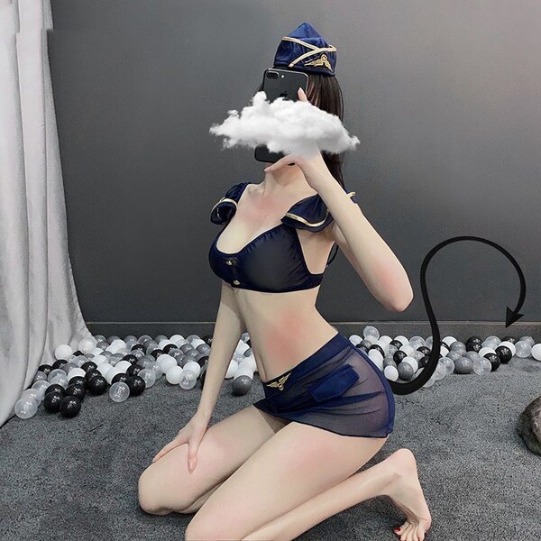 Sexy Police Officer Costume Set - Sheer Mesh Air Hostess Bodysuit & Mini Dress for Role Play - 138