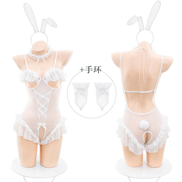White sheer mesh bunny lingerie with ruffles, open-crotch design, and matching accessories.