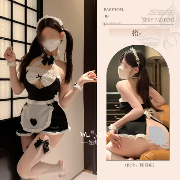 Seductive Maid Costume Sleepwear Set - No-Remove Erotic Lingerie for Women, Modest Yet Sexy Uniform Style Nightwear - Maid [skirt + apron + bracelet + headband] + white stockings