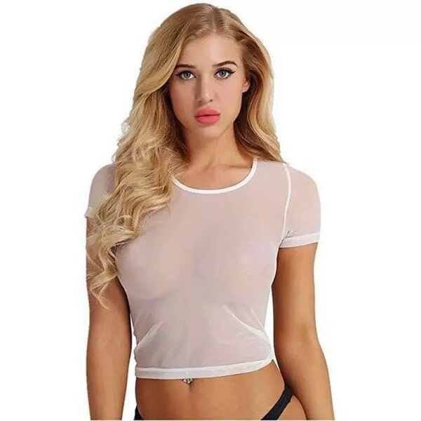 Sheer Mesh Crop Top - Sexy Office-Chic Tight Sleeveless Blouse for Women, Seductive Lounge Lingerie - White