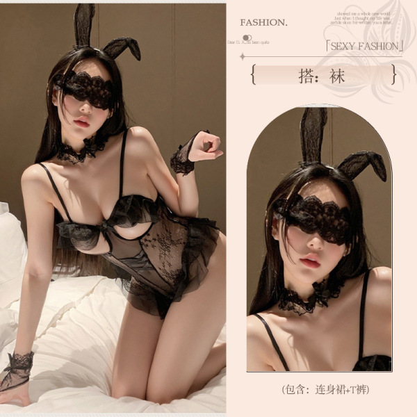 Sensual Bunny Girl Lingerie Set – Pure & Playful Erotic Outfit for Date Night & Role Play - Black [ears + choker + bodysuit + 2 bracelets] + blindfold + stockings