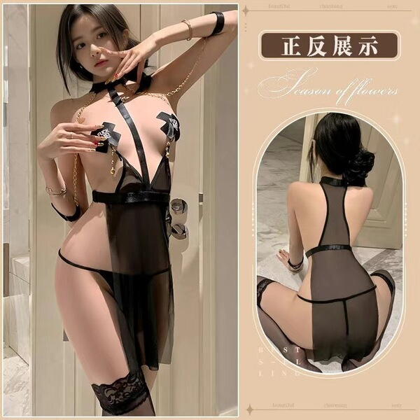 Seductive Lace Sheer Chemise - Strapless Hook-Neck Erotic Lingerie with Back Cutouts & SM-Inspired Design - black