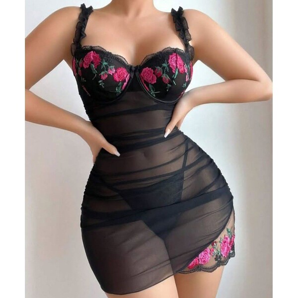 Lace Sheer Sensual Sleepwear Set – Elegant Embroidered Erotic Lingerie for Women, Sexy Mesh Nightgown & Matching Bra - black
