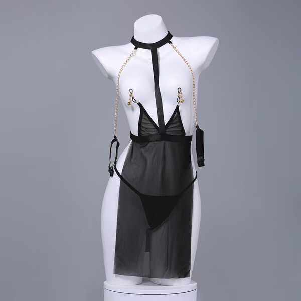 Sexy Sheer Lace Bodysuit with Clip-On Neck Strap - Seductive Adult Costume for Intimate Play - Black + Black Garter Stockings