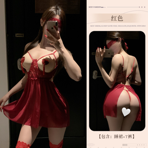 Pure & Playful Lingerie Set - Sexy Sleepwear for Women, Flirty Sheer Lingerie Style - Red [Underwire nightgown + T-shirt] + breast petals + stockings