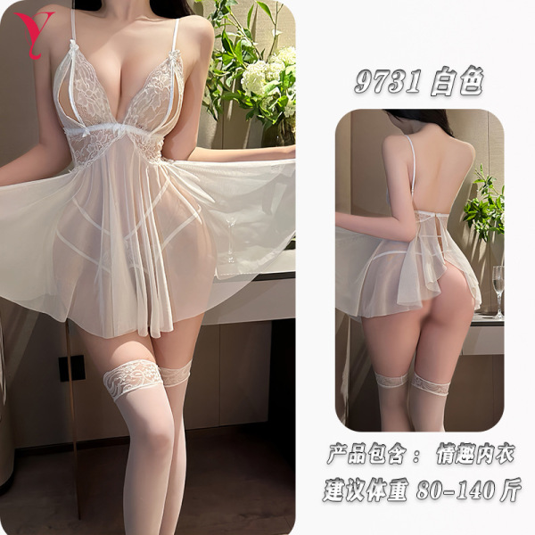 Nightgown Sexy Lace Mesh Sleep Dress - Sheer Provocative Lingerie Nightgown with Strappy Design - White