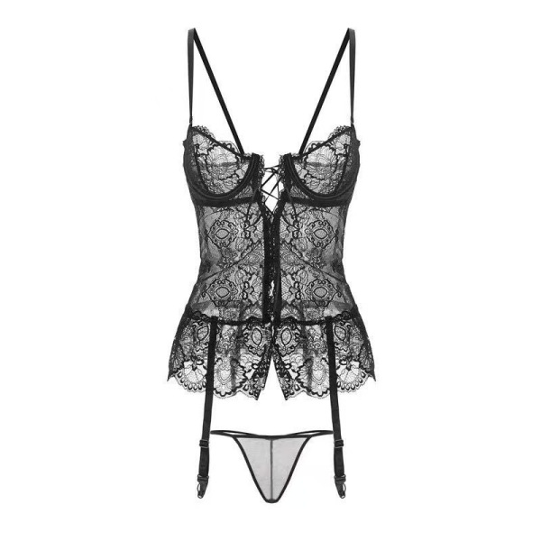 Sexy Sleepwear Set for Small Bust - Push-Up Lingerie Outfit, No-Remove Bedroom Costume, Midnight Passion Ensemble - black