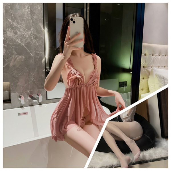 Luxury Lace Sleepwear for Women - Sheer Summer Satin Slip Dress with Push-Up Support & Elegant Embellishment - Pink and white open-crotch socks