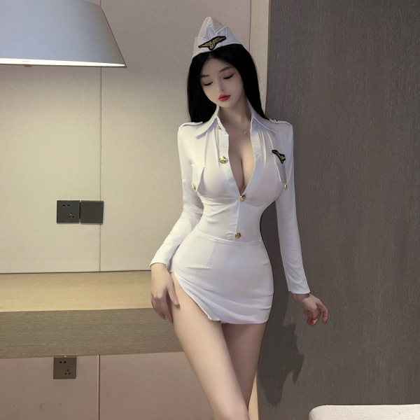 Woman in white sexy police cosplay costume with hat, featuring a deep v-neck and gold buttons. perfect for naughty flight att...