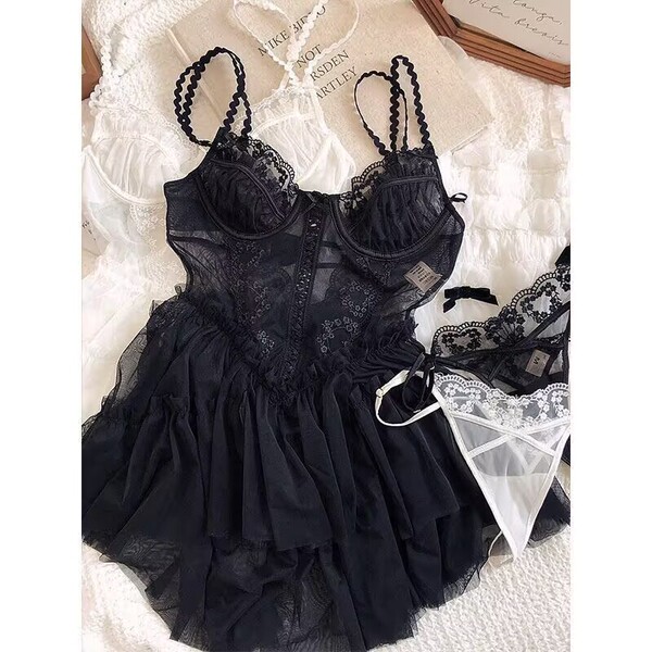 Sexy Lace Cami Nightgown for Women - Sheer Mesh Sleep Dress with Floral Trim, Pure & Alluring Lingerie Set - black