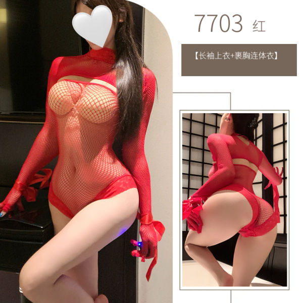 Sensual Sheer Bodysuit for Women - Sexy Lace Mesh Long Sleeve Tight-Fit Bodysuit, Plus Size & Small Bust Friendly - Red Set