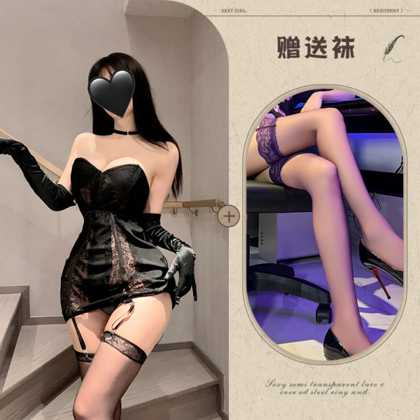 Lace Halter Bodycon Mini Dress - Luxe Satin Purple Sensual Lingerie Set - Black + black stockings