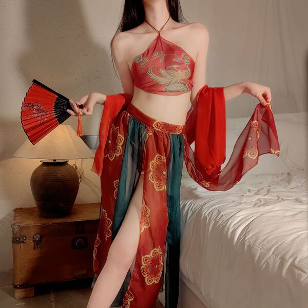Dunhuang Flying Apsaras Lingerie - Sexy Chinese Hanfu Sleep Dress with Sheer Mesh & Imperial Court Style - Flying Set + T-Pants