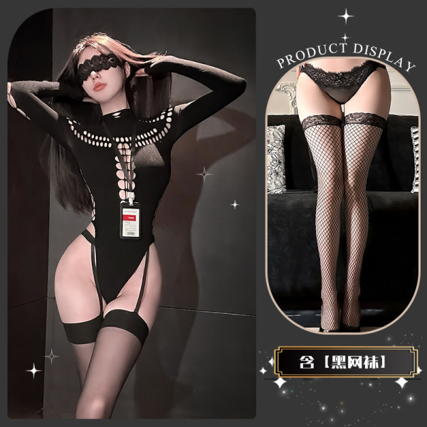 Golden Night Seductive Knit Bodysuit - Sheer Mesh Lingerie for Tempting Pure-Yu Allure - Smoky Twilight Weaving ~ + Black Fishnet Stockings