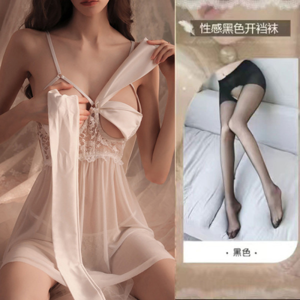 Lace Sensual Sleepwear Set - Sexy Underwire Push-Up Lounge Set for Small Bust Women - 0803 White butterfly nightgown + underwear + black open-crotch socks