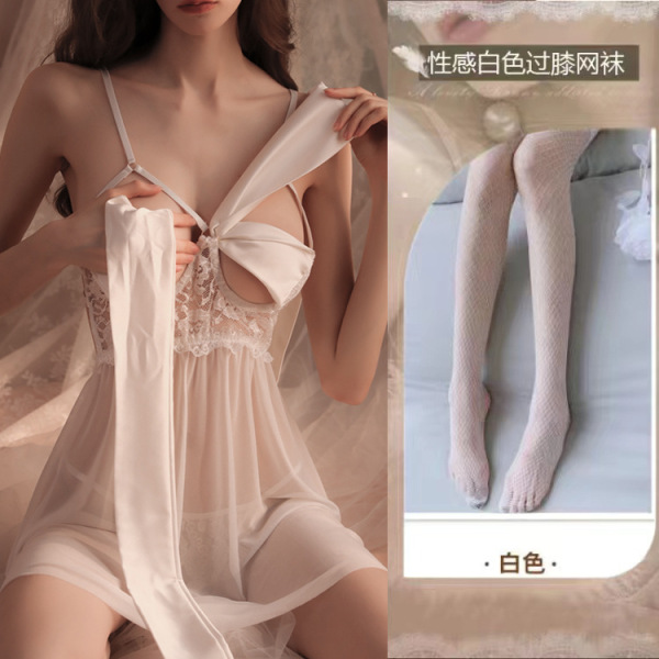 Lace Sensual Sleepwear Set - Sexy Underwire Push-Up Lounge Set for Small Bust Women - 0803 [Breast Support] White Butterfly Nightgown + Panties + White Fishnet Stockings