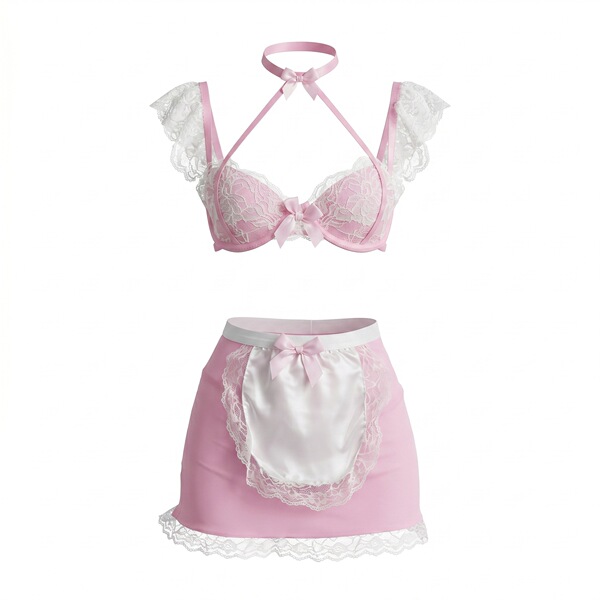 Pink lace maid outfit with deep v bra and apron skirt, sensual sleepwear set for small busts.