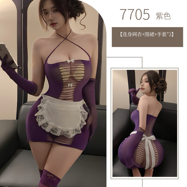 Sexy Maid Costume Set for Women - Sheer Mesh Lingerie Outfit, Plus Size Erotic Role Play Ensemble, No-Remove Temptation - Purple outfit (socks not included)