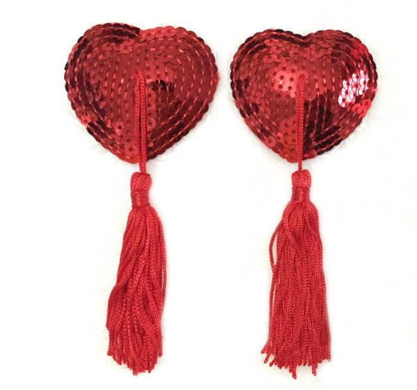 Heart-Shaped Silicone Bra Inserts - Sexy Lace Trim & Sequin Flirty Nipple Covers for Women - red