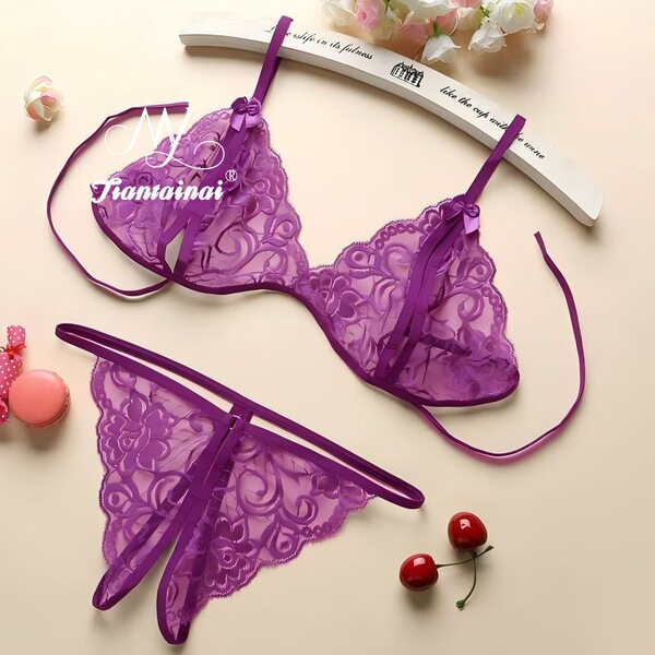 Sexy Lace Transparent Bikini Set for Women – Premium Seductive Lingerie Ensemble with Sheer Mesh & Elegant Trim - Purple