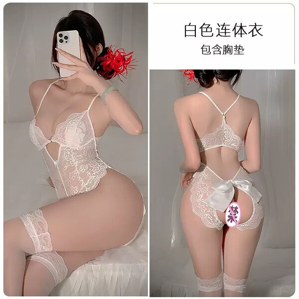Sexy Lace Open-Crotch Bodysuit for Women – Sheer Seductive Sleepwear & Naughty Costume Outfit - White
