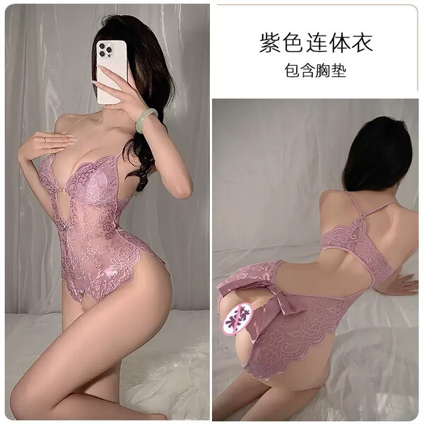 Sexy Lace Open-Crotch Bodysuit for Women – Sheer Seductive Sleepwear & Naughty Costume Outfit - purple
