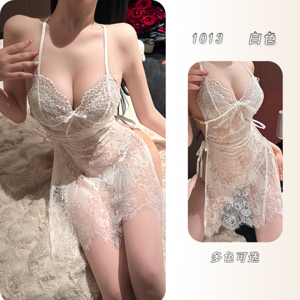 Yeyu Lace Babydoll Nightgown - Sexy Sheer Strap Dress with Ties, Elegant Lingerie Set for Women - White