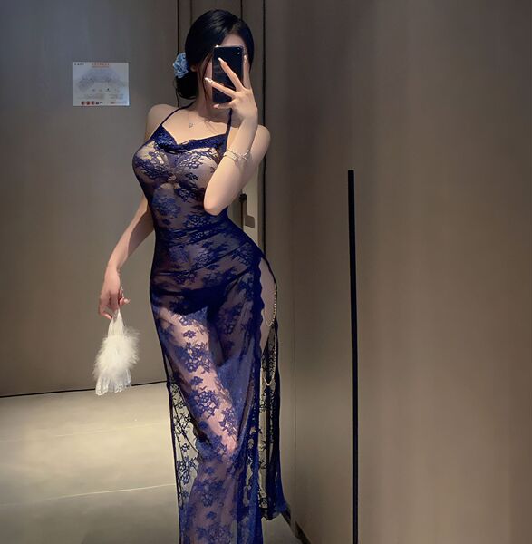 Liberty Love Lingerie for Women – Seductive Lace Chemise & Strap Set, Modest Yet Alluring Sleepwear - Blue and black fishnet stockings