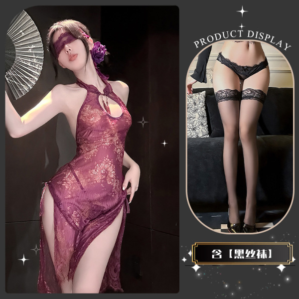 Golden Night Lace Temptation Lingerie - Elegant Split Qipao Style Seductive Underwear for Women - Wanwan Zhishang* Purple + Black Stockings