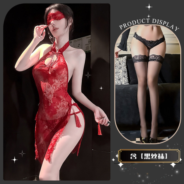 Golden Night Lace Temptation Lingerie - Elegant Split Qipao Style Seductive Underwear for Women - Wanwan Zhishang* Red + Black Stockings