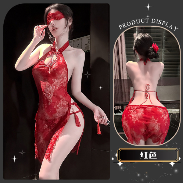 Golden Night Lace Temptation Lingerie - Elegant Split Qipao Style Seductive Underwear for Women - A flowing red cheongsam paired with a T-shirt.