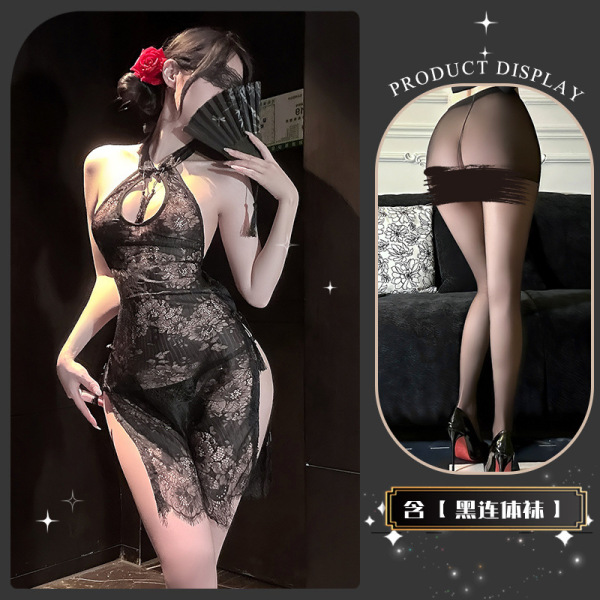 Golden Night Lace Temptation Lingerie - Elegant Split Qipao Style Seductive Underwear for Women - Wanwanzhishang* Black + Black Bodysuit