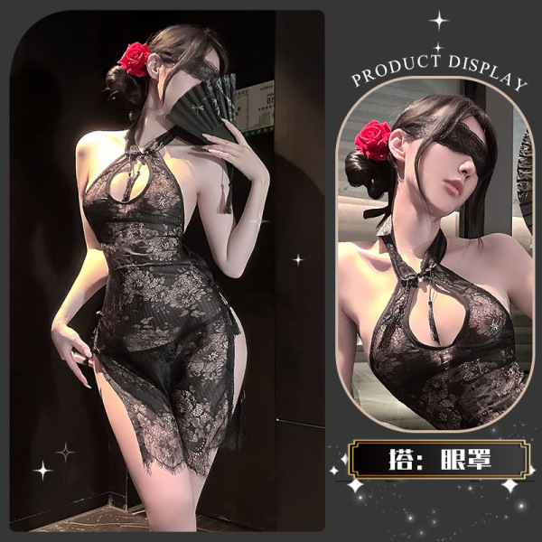 Golden Night Lace Temptation Lingerie - Elegant Split Qipao Style Seductive Underwear for Women - Wanwan Zhishang* Black + Eye Mask