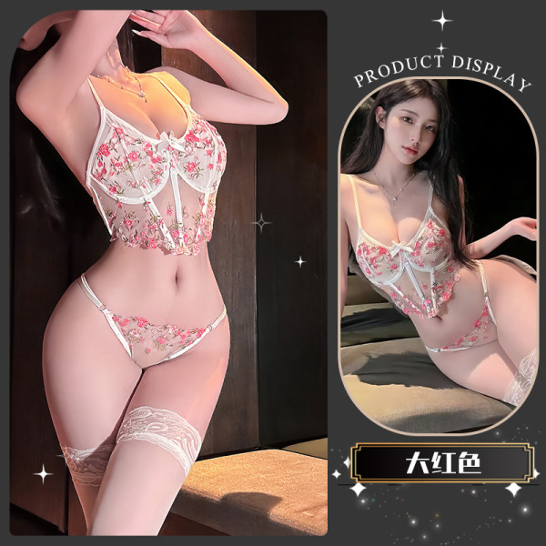 Golden Night Lace Embroidery Lingerie Set - Sexy Push-Up Bra & Thong for Women, Elegant Seductive Underwear - Osmanthus Fragrance*Big Red