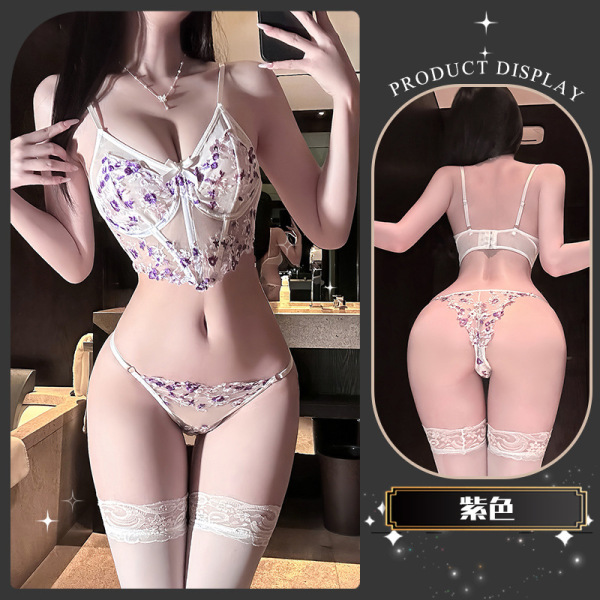 Golden Night Lace Embroidery Lingerie Set - Sexy Push-Up Bra & Thong for Women, Elegant Seductive Underwear - Osmanthus Fragrance * Purple + White Stockings
