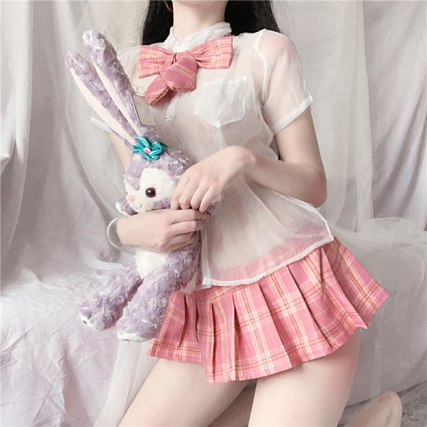Sexy Plaid Short Skirt Shirt Set - Sheer Seductive Schoolgirl Uniform with Bow Tie & Pleated JK Dress - White top + pink plaid